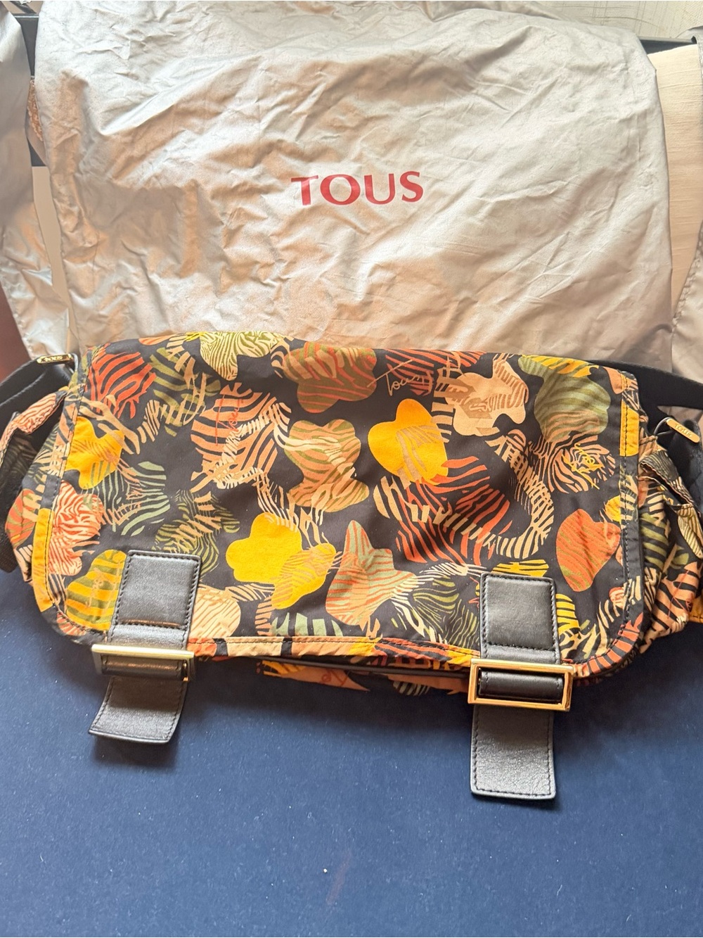 TOUS Floral-Print Messenger Bag in Black and Orange